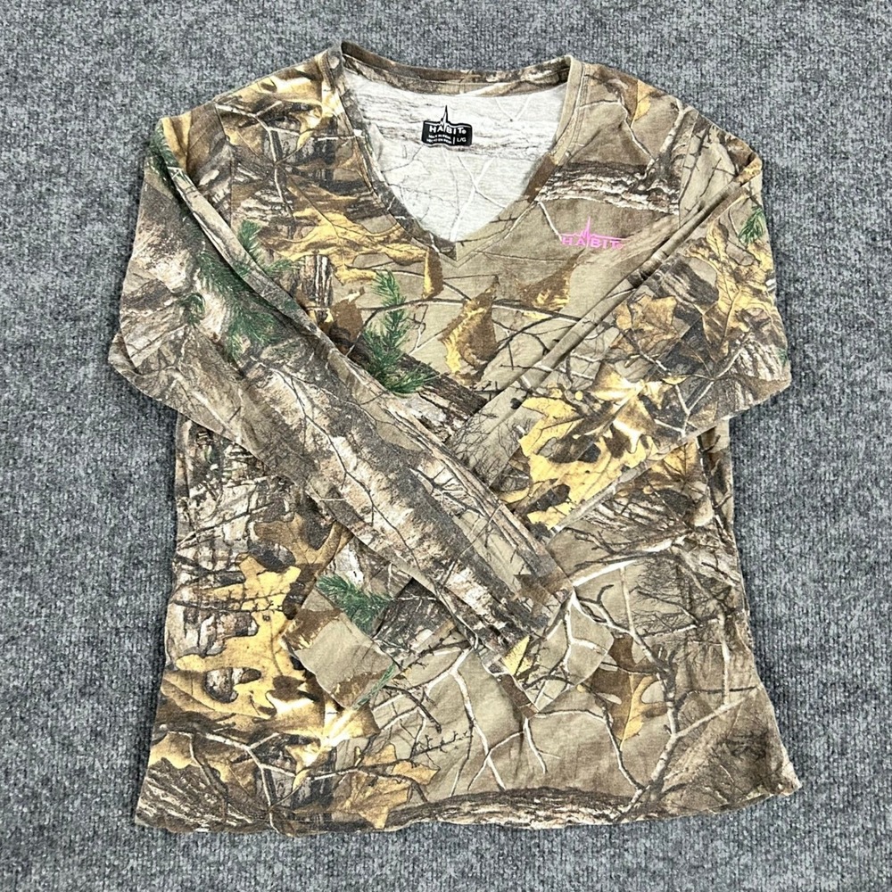 Habit Shirt Womens Size L Brown Realtree Camo V-Neck Long Sleeve Outdoor Tee